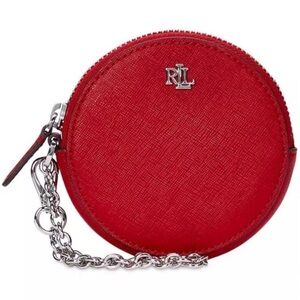 Ralph Lauren Red Crosshatch Leather Round Wristlet Bag Charm Coin Purse Wallet